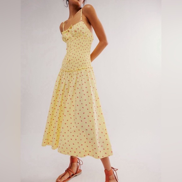 Free People Dresses & Skirts - Free People Lavender Daze Yellow Strawberry Print Summer Smocked Midi Dress Med